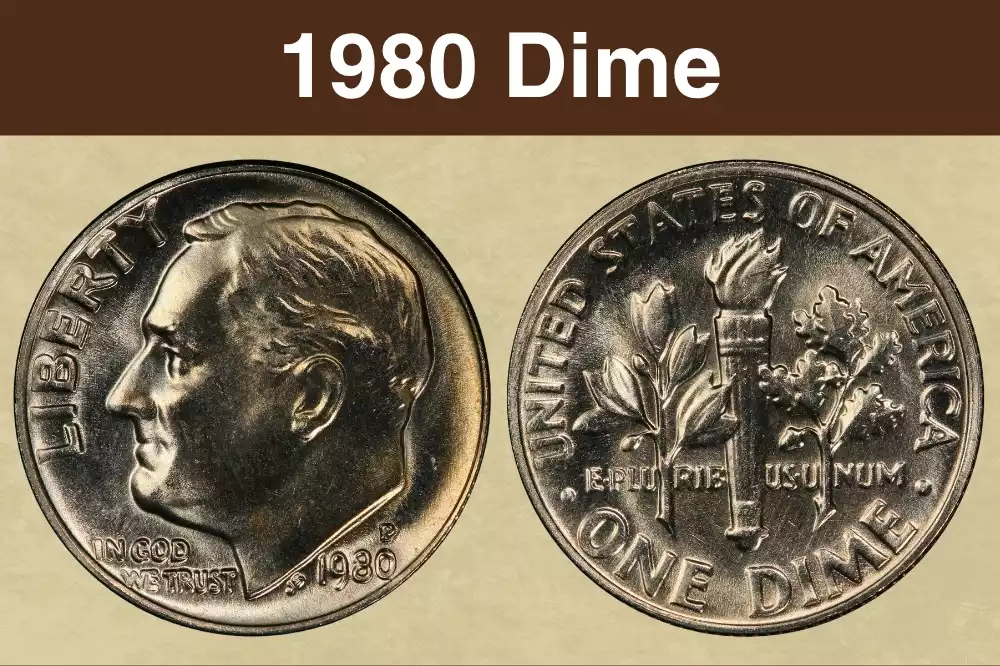 1980-P Roosevelt dime obverse and reverse showing P mint mark and torch design in high grade condition