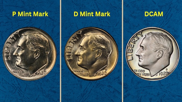 1980 Roosevelt dime grading strip showing four condition tiers from worn to gem uncirculated