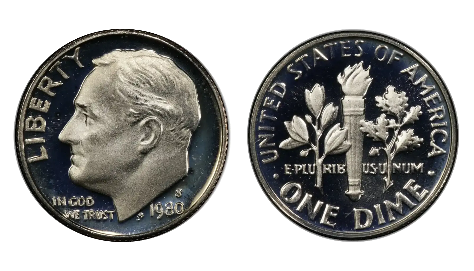 Side-by-side comparison of 1980 Roosevelt dime torch bands showing merged bands (left, no FB) vs fully separated Full Bands (right, FB designation)