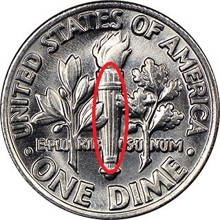 1980 Roosevelt dime Full Bands reverse close-up showing completely separated horizontal torch bands