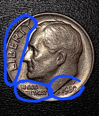 1980 Roosevelt dime doubled die reverse DDR error showing doubling on ONE DIME inscription and torch