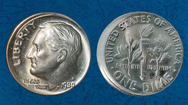 1980 Roosevelt dime off-center strike error showing displaced design with blank planchet crescent at edge