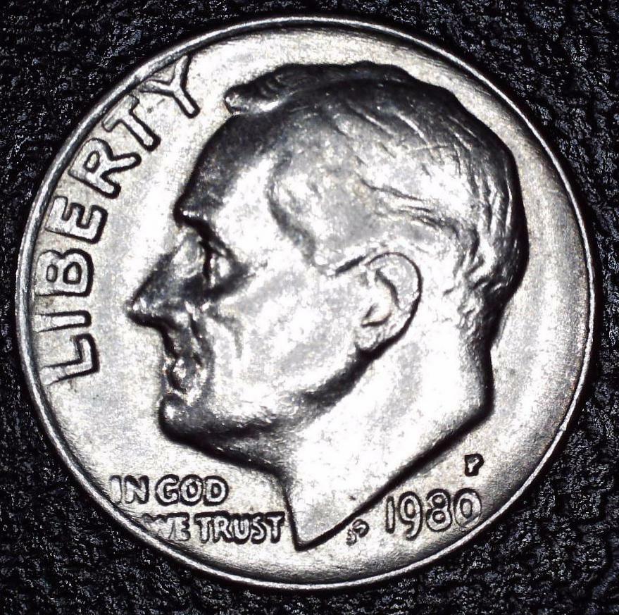 1980-P Roosevelt dime Filled P die chip error showing Philadelphia mint mark as filled blob on obverse