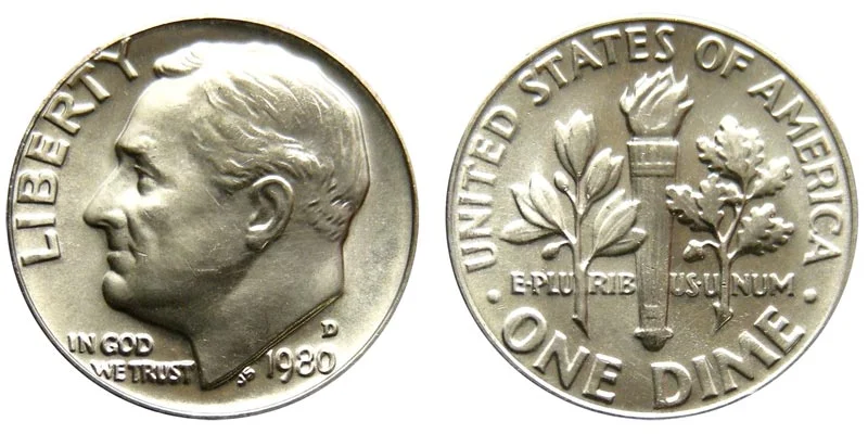 Group of 1980 Roosevelt dimes from Philadelphia, Denver, and San Francisco mints displayed together